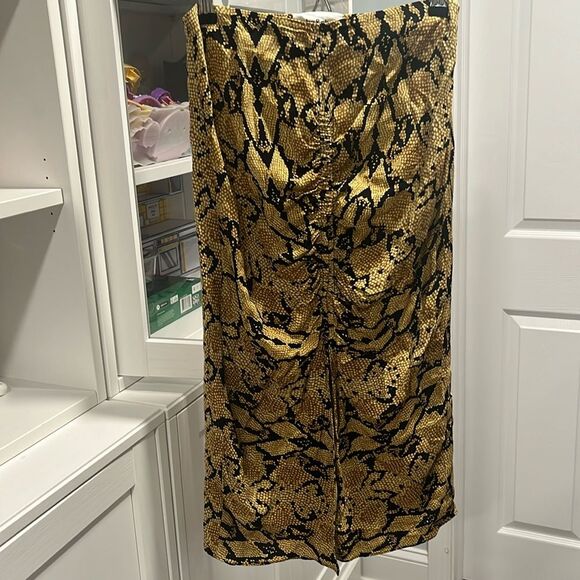 BA&SH Jupe Carry Midi Skirt, Slit, Ruched, Snakeskin, Size 2 (8/M) - Picture 3 of 14